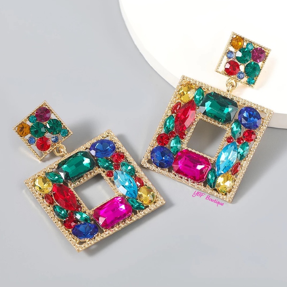 New Blue & Pink Multicolor Jewel Rhinestone Post Drop Statement Fashion Earrings - Picture 5 of 10
